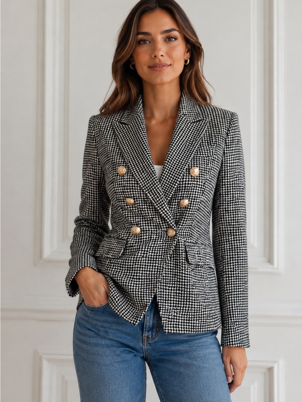 NWT- Express Women's Black & White Houndstooth Double-Breasted Blazer Jacket